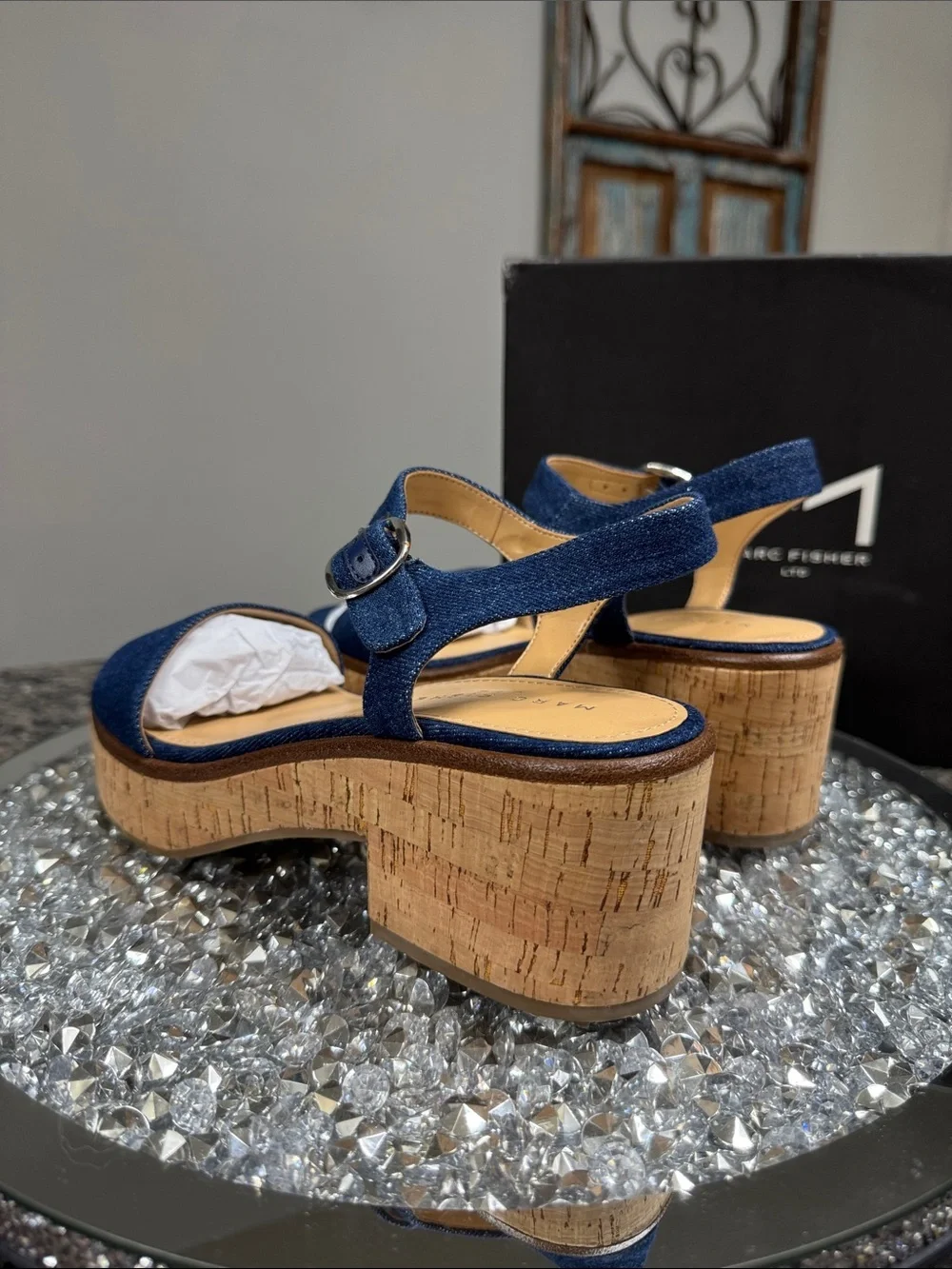 Marc Fisher Quessa Blue Denim Cork Platform Sandal NEW 9